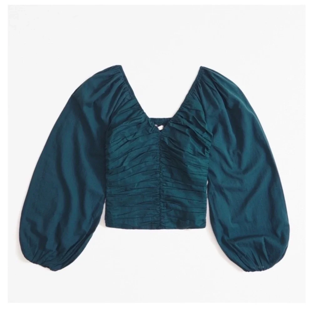 ABERCROMBIE & FITCH Ruched V-Neck Puff Sleeve Smocked Cotton Top Medium Teal NEW